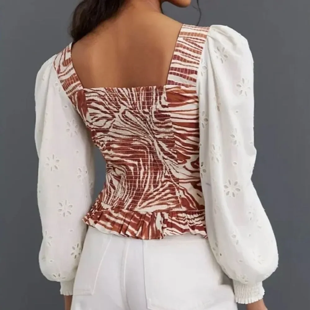 NWT Anthropologie Love The Label Smocked Puff-Sleeve Top size M Blouse